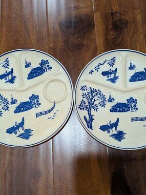 NASCO Set Of 2 Vintage Blue and Beige Scenic, Glazed Ceramic Plates w/dividers